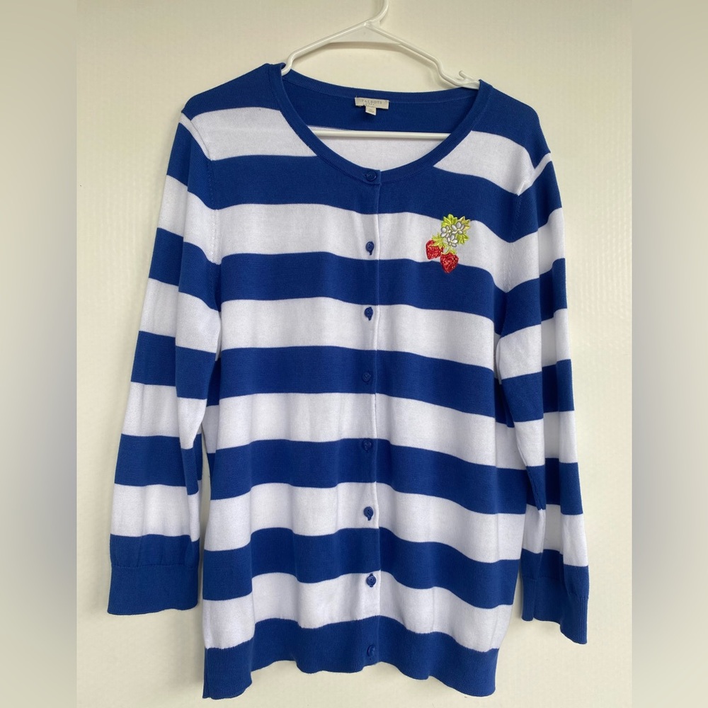 Talbots Cardigan Women’s Blue White Striped Embroidered Strawberry Sweater XL